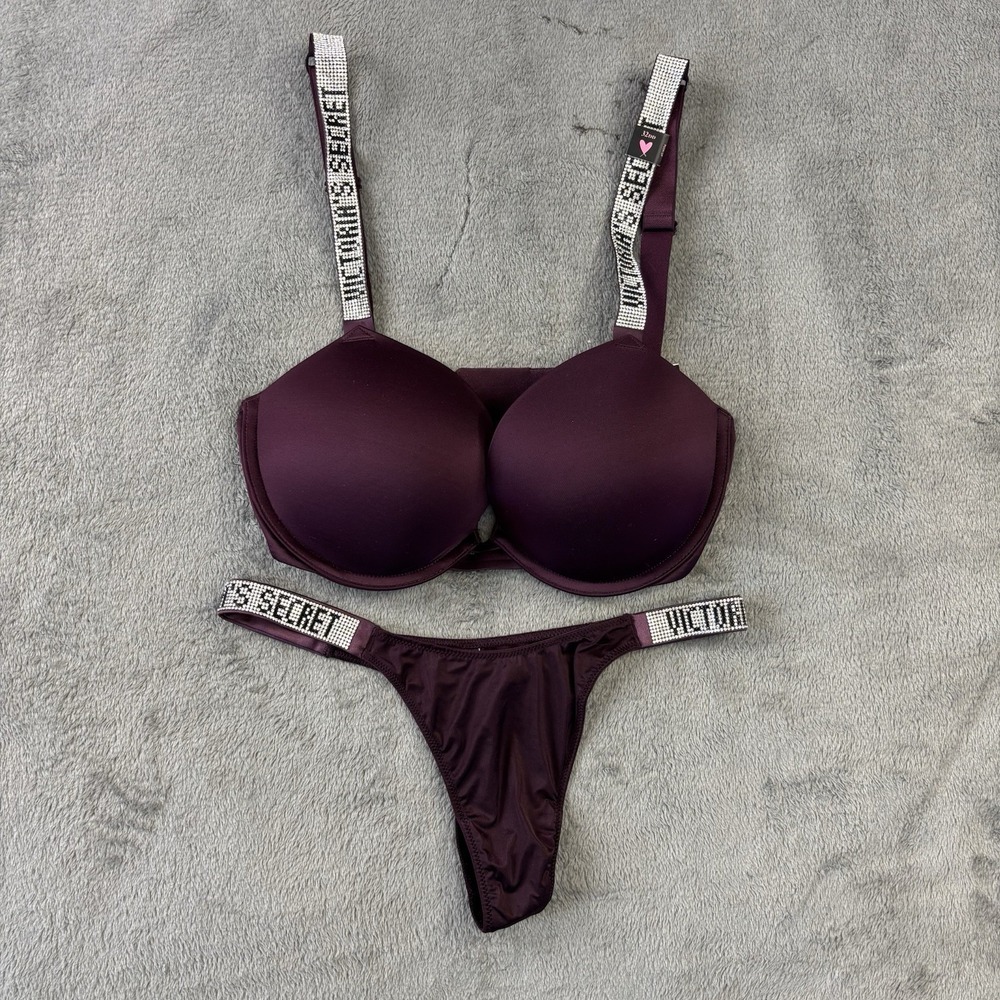 Victoria Secret Shine Strap Brazilian Push up Bra Panty Set Sexy Purple 32DD NWT